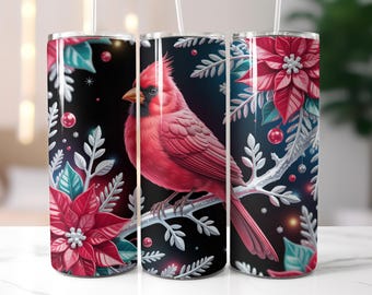 Eleganter Weihnachtskardinal-Becher-Verpackung, leuchtender roter Vogel-Winter-PNG, Weihnachtsbecher-Verpackung, 20 Unzen dünner Behälter, Sublimations-Design,