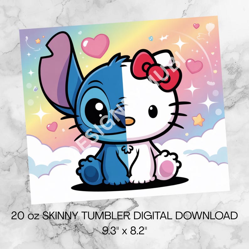 Peut inclure: Un motif de t&eacute;l&eacute;chargement num&eacute;rique pour un gobelet fin de 20 oz avec un personnage de dessin anim&eacute; divis&eacute;. Un c&ocirc;t&eacute; est bleu avec de grandes oreilles, l'autre est blanc avec un n&oelig;ud rouge. Le motif mesure 23,6 cm x 20,8 cm.