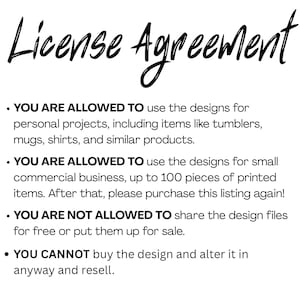 Peut inclure: Texte noir sur fond blanc : "License Agreement". Le texte d&eacute;taille les conditions d'utilisation des designs, y compris les projets personnels et commerciaux, ainsi que les restrictions sur le partage ou la modification des designs.