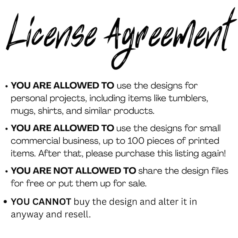 Peut inclure: Texte noir sur fond blanc : "License Agreement". Le texte d&eacute;taille les conditions d'utilisation des designs, y compris les projets personnels et commerciaux, ainsi que les restrictions sur le partage ou la modification des designs.
