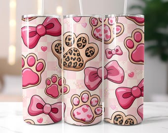 Niedliche rosa Hundepfoten-Wrap, rosa Bögen Leopardenpfotenabdrücke PNG, Valentinsgruß-Becherverpackung, 20 Unzen dünner Becherverpackung, Sublimationsdesign,