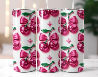 3D aufgeblasene Coquette Tumbler Wrap, geschwollene rosa Glitzer Kirschbögen PNG, Christmas Tumbler Wrap, 20 Unze Skinny Tumbler Wrap, Sublimationsdesign,