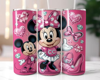 Emballage de verre strass glam souris de dessin animé, PNG mousseux de luxe rose, emballage de verre de la Saint-Valentin, emballage de verre skinny 20 oz, design par sublimation