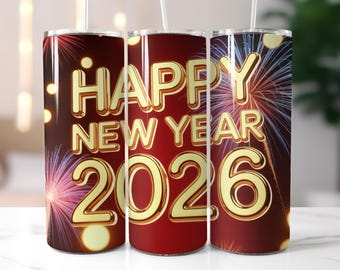 3D Gold Frohes neues Jahr 2026 Tumbler Wrap, Feuerwerk Feier PNG, Neujahr Tumbler Wrap, 20 Unze Skinny Tumbler Wrap, Sublimationsdesign,