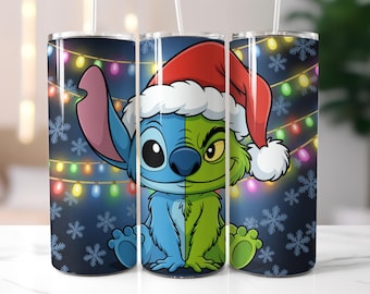 Grinch and Stitch Tumbler Wrap, joli film de Noël film Tumbler Wrap PNG, emballage de verre de Noël, emballage de verre skinny 20 oz, sublimation Design,