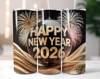 Frohes neues Jahr 2026 Tumbler Wrap, Gold Disco Ball Sublimation PNG, Neujahr Tumbler Wrap, 20 Unze Skinny Tumbler Wrap, Sublimationsdesign,