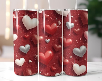 Schillernde Glitzerherzen Tumbler Wrap, rot, weiß, silberne Herzen PNG, Valentines Tumbler Wrap, 20 Unzen Skinny Tumbler Wrap, Sublimationsdesign,