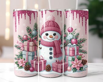 Rosa Winter-Schneemann-Behälter-Verpackung, niedliche rosa Feiertags-Wickler-Sublimation, Weihnachtsbehälter-Verpackung, 20 Unzen dünner Behälter, Sublimations-Design