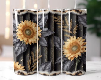 Schwarzgold Sonnenblume Tumbler Wrap, Leopardenmuster Floral Sublimation PNG, Blumen Tumbler Wrap, 20 Unze Skinny Tumbler Wrap, Sublimationsdesign,