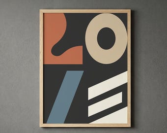 LOVE Abstract Geometric Wall Art, Bauhaus Style Typography Print, Mid Century Modern Digital Download, Navy and Terracotta Bold Poster