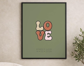Personalized Retro Love Print, Custom Anniversary Date Wall Art, Sage Green Poster, Couple Name Wedding Gift, 70s Style Digital Download