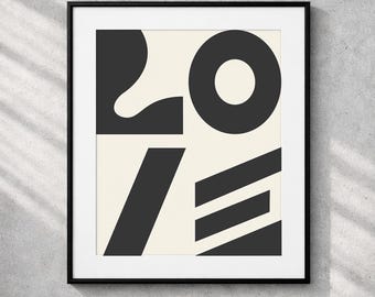 Abstract LOVE Typography Print, Minimalist Black and White Wall Art, Modern Geometric Lettering, Scandi Style Digital Download