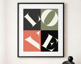 Mid Century Modern Romantic Wall Art, Typography Print, Digital Printable, Bold Serif Alphabet Art, Minimalist Bedroom Decor