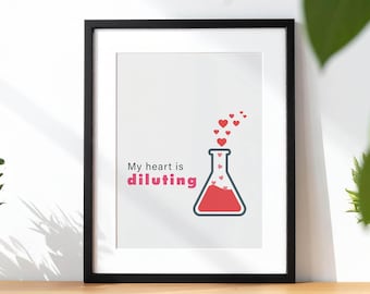 My Heart is Diluting Digital Wall Art, Funny Science Pun Poster, Chemistry Love Decor, Heart Flask Minimalist Print, Gift for Her Him