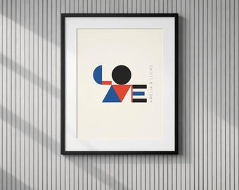 Personalized Bauhaus Love Art, Custom Geometric Couple Name Print, Modern Primary Colors Poster, Abstract Wedding Gift, Digital Download