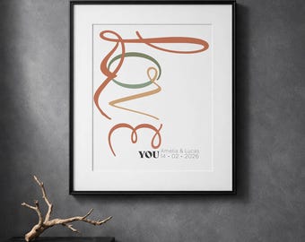 Abstract Continuous Line Art, Custom "Love You" Couple Print, Earthy Boho Wall Decor, Personalized Milestone Poster, Typography Digital Art