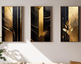 Meaningful Wall Art Digital Download | Black & Gold Abstract Printable Set of 3 | Prints for Living Room