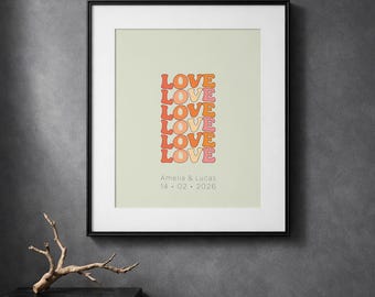 Personalized Stacked Love Print, Custom Anniversary Date Wall Art, Colorful Retro Typography Poster,Wedding Gift, 70s Style Digital Download