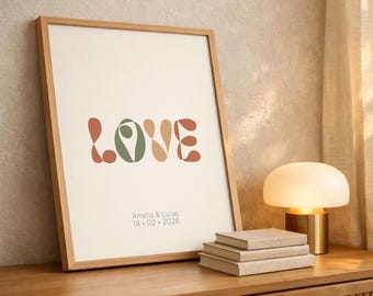 Custom MCM Love Poster, Mid Century Modern Wall Art, Personalized Couple Name Print, Earth Tone Retro Typography, 60s Style Wedding Gift