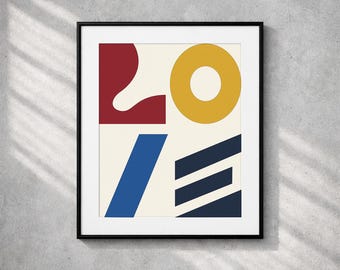 Modernist Love Wall Art, Abstract Bauhaus Love Print, Primary Colors Geometric Poster, Minimalist Anniversary Gift, Digital Download Art
