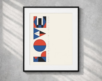 Personalized Geometric Love Poster, Abstract Modern Art Print, Custom Couple Name Wedding Gift, Primary Colors Wall Decor, Digital Download