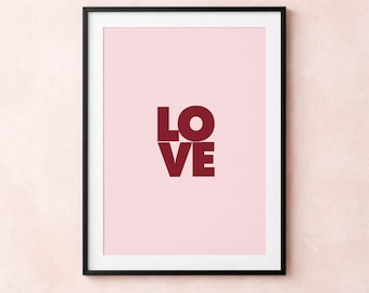 Minimalist LOVE Wall Art, Modern Typography Print, Pink and Red Love Poster, Scandi Style Digital Download, Trendy Dorm Decor