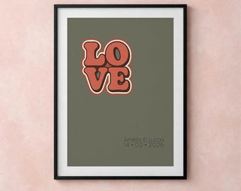 Custom Couple Name Poster, Personalized Retro Love Print, Minimalist Anniversary Gift, Wedding Date Decor, 70s Typography Digital Download