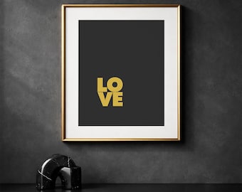 Gold and Black Love Poster, Minimalist LOVE Wall Art, Modern Typography Print, Masculine Home Decor Digital Download, Wedding Gift