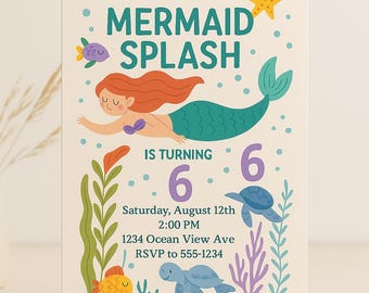 Mermaid Splash Birthday Invitation | Editable Canva Template | Printable Kids Party Invite