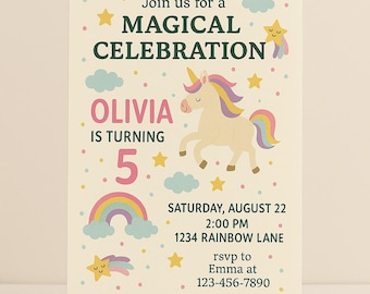 Unicorn Birthday Invitation | Rainbow Party, Editable Template (Digital Download)