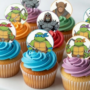May include: A collection of cupcakes with colorful frosting, each topped with a circular image of a Teenage Mutant Ninja Turtle character. Frosting colors include blue, orange, purple, red, and green. The cupcakes are arranged on a white surface.