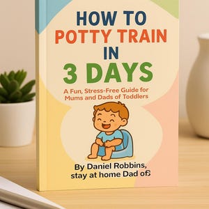 May include: A book titled "HOW TO POTTY TRAIN IN 3 DAYS" with a cartoon illustration of a child on a potty. The cover is in shades of blue, orange, and yellow. The book is a guide for parents of toddlers.
