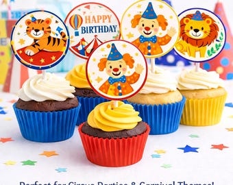 Circus Birthday Cupcake Toppers | Carnival Party Decorations | Editable Printable Cupcake Toppers | Digital Download