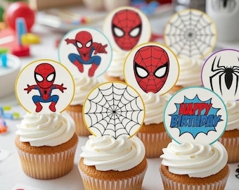 Adornos para cupcakes de Spider-Man / Imprimibles para fiesta de cumpleaños de superhéroes / Plantilla editable de Canva