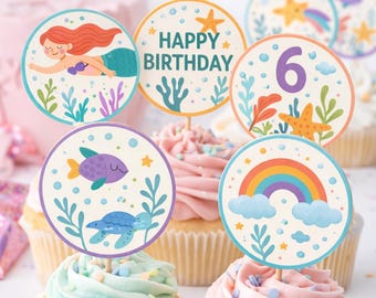 Mermaid Birthday Cupcake Toppers | Editable Canva Toppers | Printable Party Décor