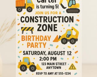 Construction Zone Birthday Invitation | Editable Canva Template | Dump Truck Party Invite