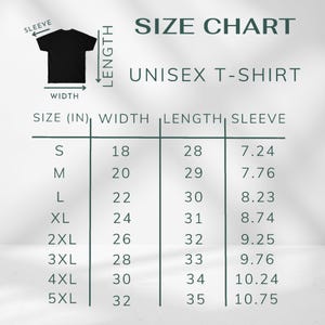 May include: A size chart for a unisex t-shirt, with measurements in inches. The chart includes sizes S to 5XL, with corresponding width, length, and sleeve measurements. A black t-shirt graphic is in the upper left corner.