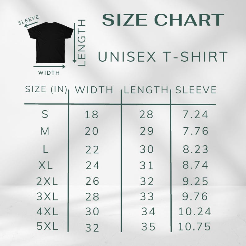 May include: A size chart for a unisex t-shirt, with measurements in inches. The chart includes sizes S to 5XL, with corresponding width, length, and sleeve measurements. A black t-shirt graphic is in the upper left corner.