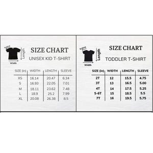 May include: A size chart for unisex kid t-shirts and toddler t-shirts. The chart includes measurements for width, length, and sleeve length in inches for various sizes, from XS to XL and 2T to 7T.