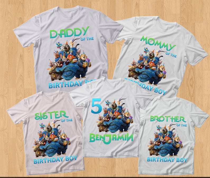 May include: White t-shirts with colorful graphics and text for a birthday celebration. The shirts read "Daddy," "Mommy," "Sister," "Brother," and "5 Benjamin" with "Birthday Boy" on some. The graphic features cartoon characters.