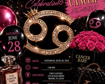 Cancer Season Birthday Invitation Template | Pink & Black Birthday Dinner Invite |