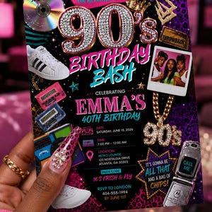 May include: A 90s birthday party invitation flyer featuring a purple leopard print background, diamond-encrusted 90s text, a CD, a white sneaker, a Polaroid photo, a gold chain, and a flip phone. Text includes Emma's 40th Birthday, June 15, 2026.
