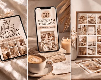 50 Neutral Instagram Templates | Minimal Beige Branding Kit (Digital Download)
