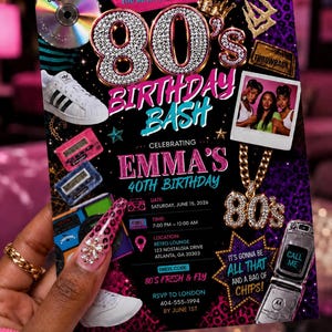 May include: A rectangular 80's birthday party invitation featuring a black background with purple leopard print, a diamond-encrusted 80's title, a white sneaker, a cassette tape, a boombox, a flip phone, and text detailing Emma's 40th birthday.