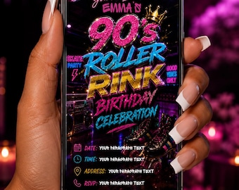 90s Roller Rink Birthday Invitation, Neon Retro Skate Party Invite (Digital Download)