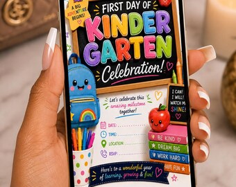 First Day of Kindergarten Celebration Invitation, Editable Canva Template (Digital Download)