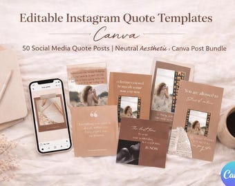 50 Neutral Instagram Quote Templates | Motivational Canva Social Media Bundle (Digital Download)