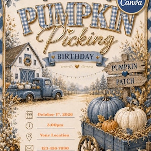 Blue Gingham Pumpkin Picking Birthday Invitation | Vintage Truck Fall Party (Digital Download)