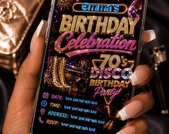 70s Disco Birthday Invitation Template | Retro Neon Party Invite (Digital Download)