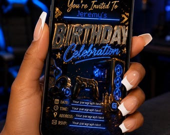 Editable Gamer Birthday Invitation | Blue Neon Gaming Party Template (Digital Download)